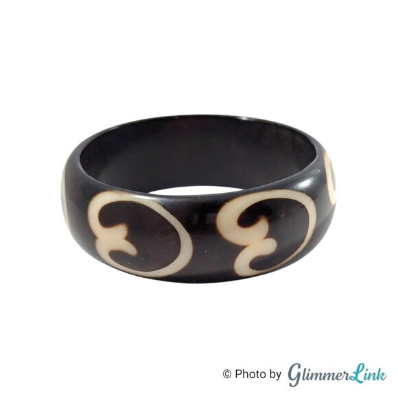 Vintage Dark Brown Resin Tribal Bangle Bracelet, Chunky Bohemian Cuff - Picture 5 of 8